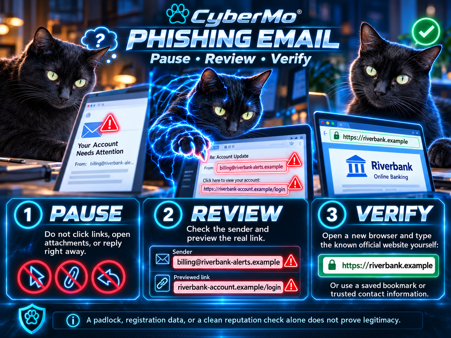 Phishing Email. Pause before clicking, opening attachments, or replying. Review the complete sender address and actual link. Verify through a known official website, trusted bookmark, or known contact information.