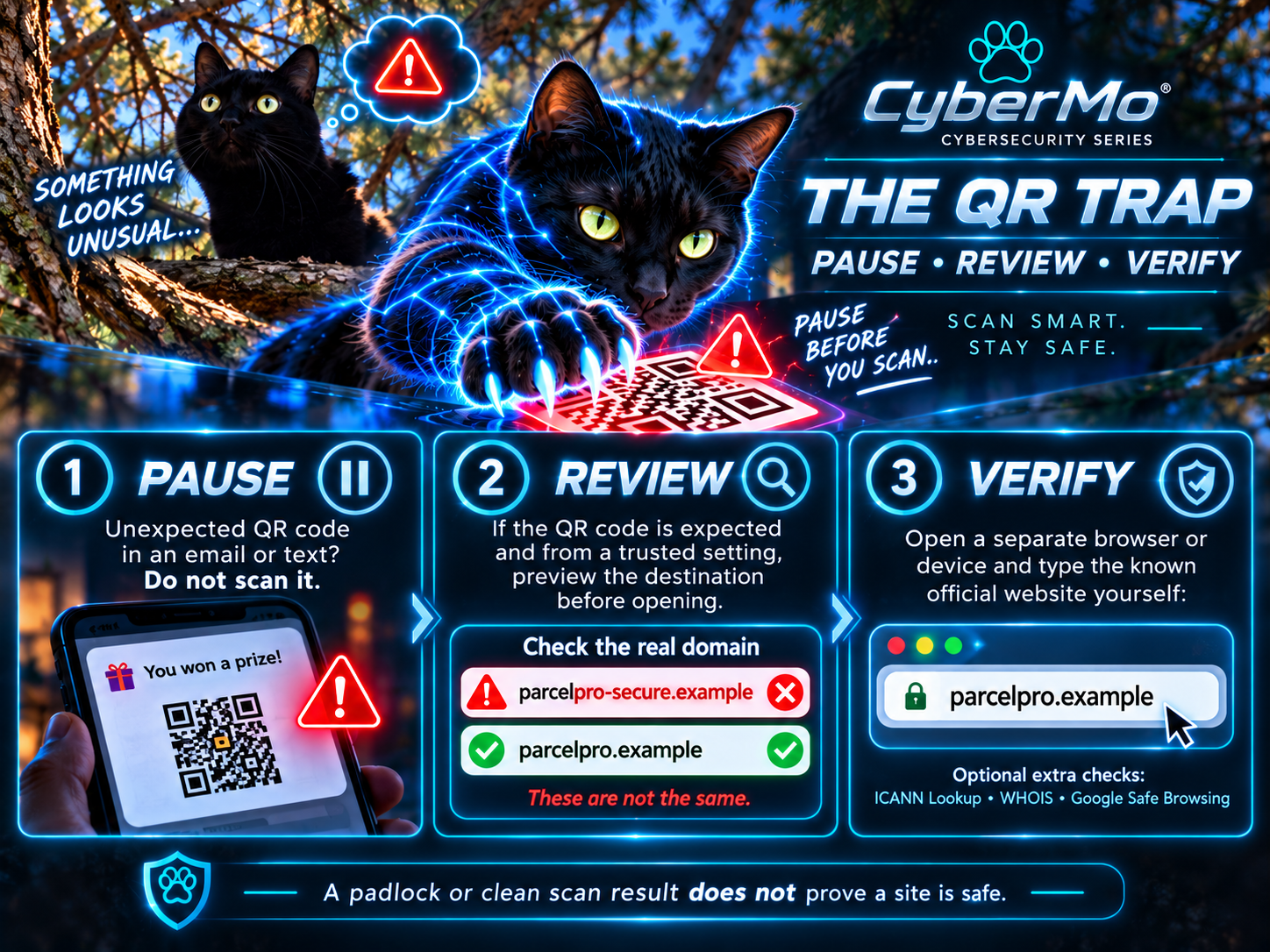 The QR Trap. Pause: do not scan unexpected QR codes in email or texts. Review: preview an expected code's destination before opening. Verify: independently visit the known official website. A padlock or clean scan does not prove safety.