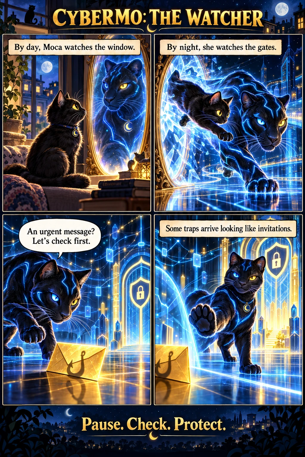 Four-panel CyberMo comic: Moca becomes a cyber panther, checks an urgent message, and stops a suspicious envelope outside the network gate. A complete text version follows.