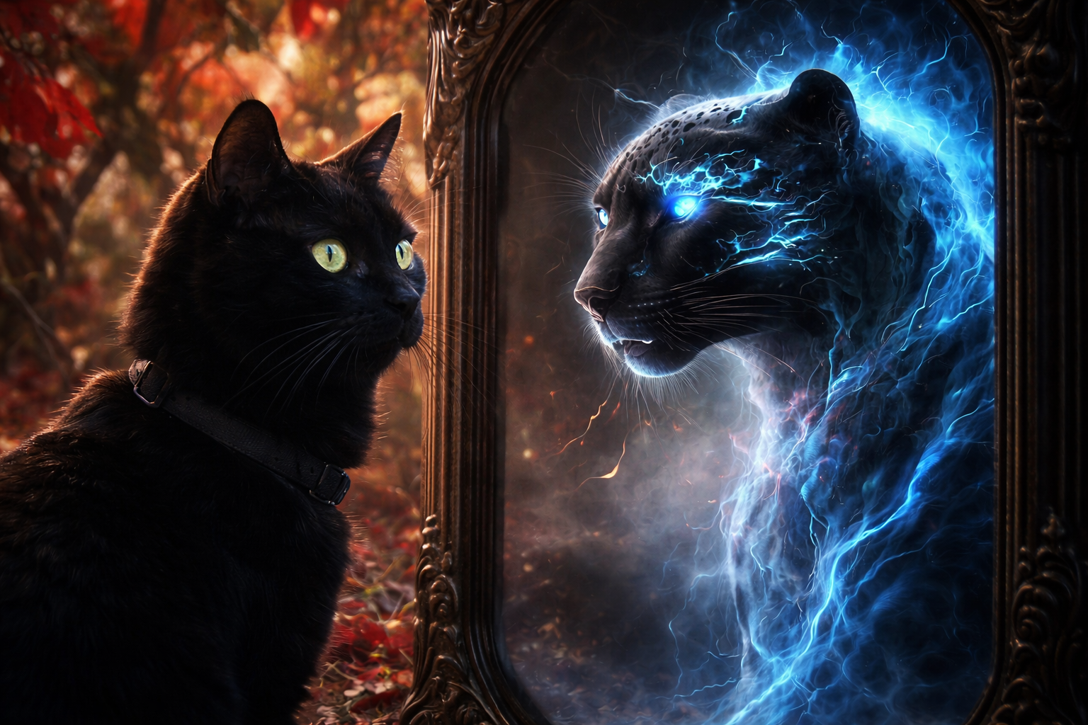 Moca looking into a mirror and seeing a luminous blue panther